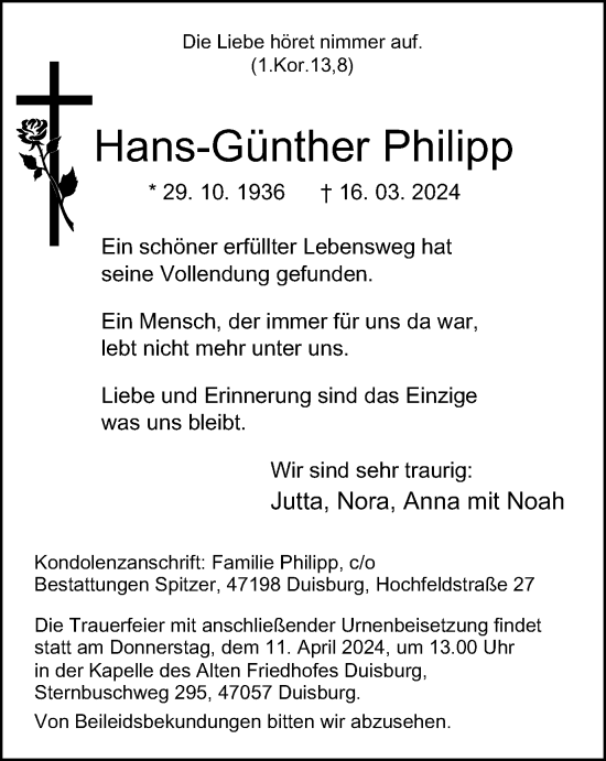 Traueranzeige von Hans-Günther Philipp von Tageszeitung