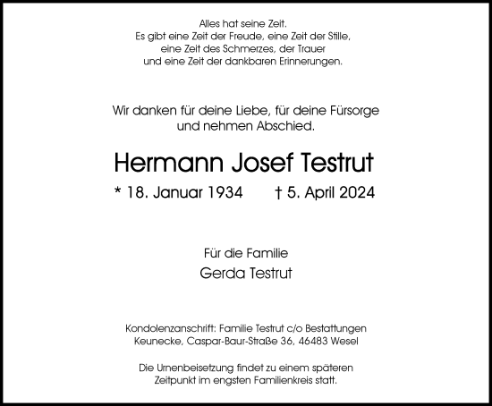 Traueranzeige von Hermann Josef Testrut von Tageszeitung