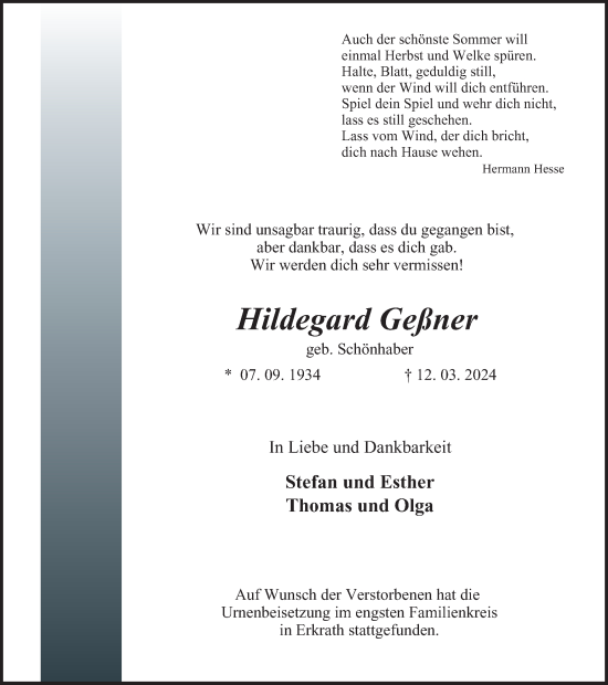 Traueranzeige von Hildegard Geßner von Tageszeitung