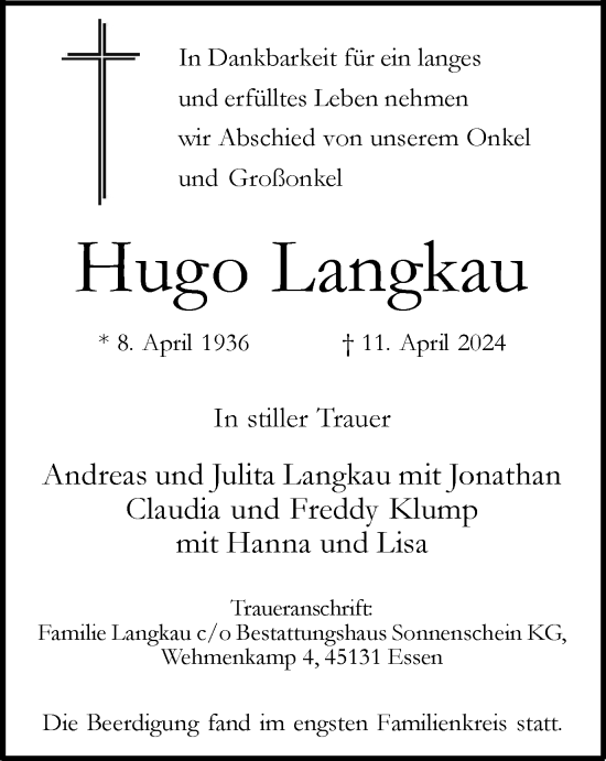 Traueranzeige von Hugo Langkau von Tageszeitung