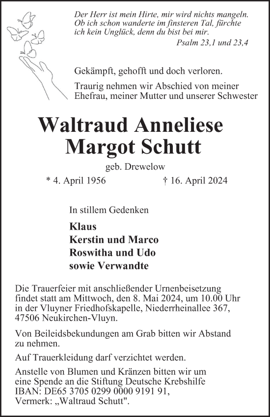 Traueranzeige von Waltraud Anneliese Margot Schutt von Tageszeitung