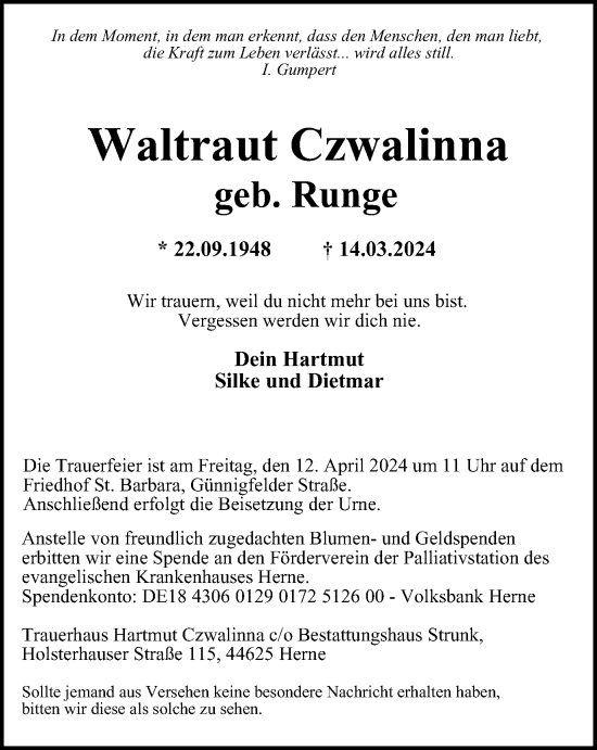 Traueranzeige von Waltraut Czwalinna von Tageszeitung