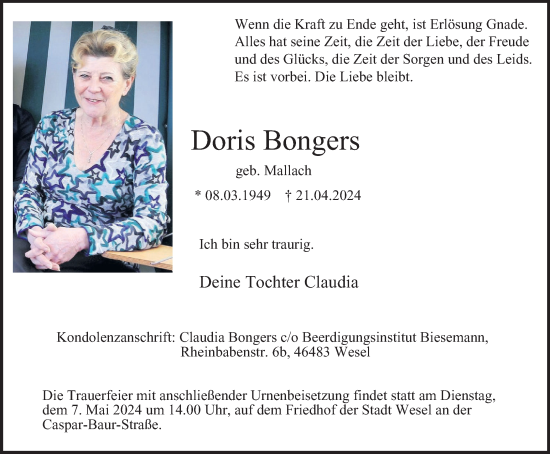 Traueranzeige von Doris Bongers von Tageszeitung