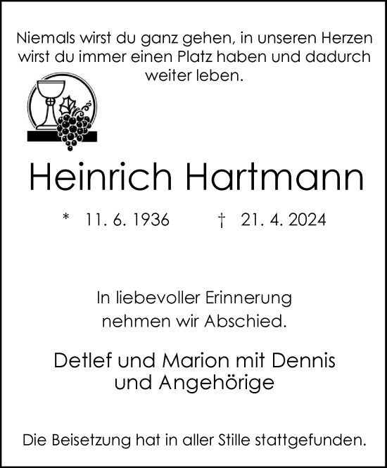 Traueranzeige von Heinrich Hartmann von Tageszeitung