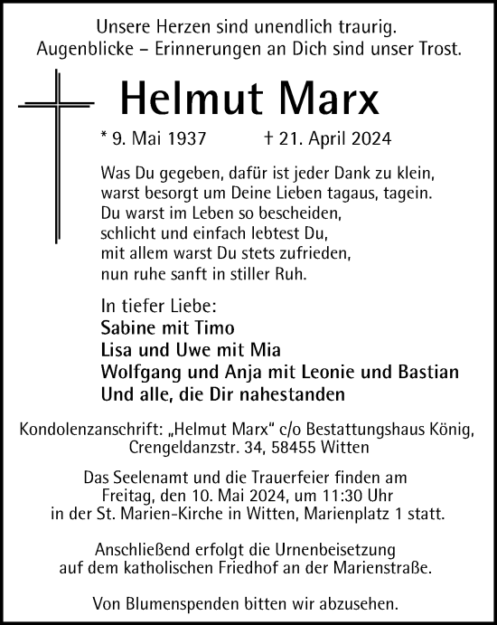 Traueranzeige von Helmut Marx von Tageszeitung
