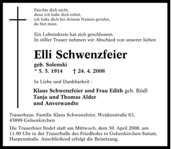 Traueranzeige von Elli Schwenzfeier von Tageszeitung