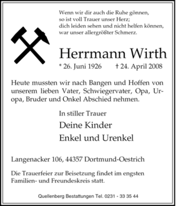 Traueranzeige von Herrmann Wirth von Tageszeitung