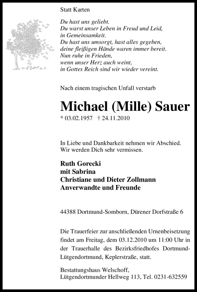  Traueranzeige für Michael Sauer vom 30.11.2010 aus Tageszeitung