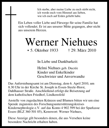Traueranzeige von Werner Niehues von Tageszeitung