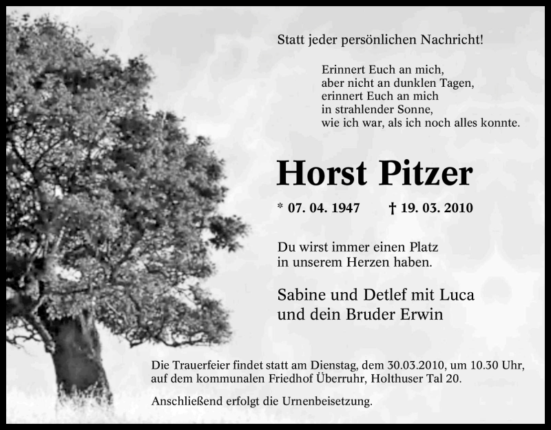  Traueranzeige für Horst Pitzer vom 26.03.2010 aus Tageszeitung