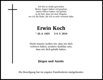 Traueranzeige von Erwin Koch von Tageszeitung