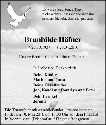 Traueranzeige von Brunhilde Häfner von Tageszeitung