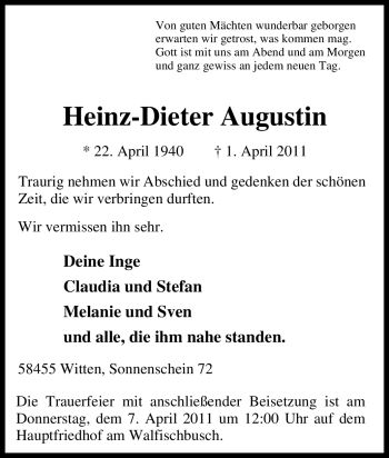 Traueranzeige von Heinz-Dieter Augustin von Tageszeitung