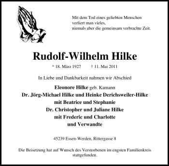 Traueranzeige von Rudolf-Wilhelm Hilke von Tageszeitung