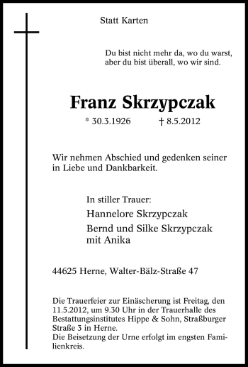 Traueranzeige von Franz Skrzypczak von Tageszeitung
