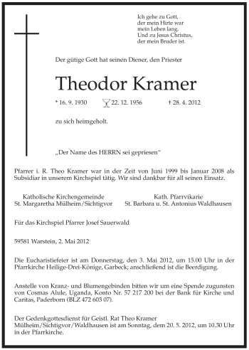 Traueranzeige von Theodor Kramer von Tageszeitung