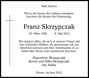 Traueranzeige von Franz Skrzypczak von Tageszeitung