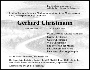 Traueranzeige von Gerhard Christmann von Tageszeitung