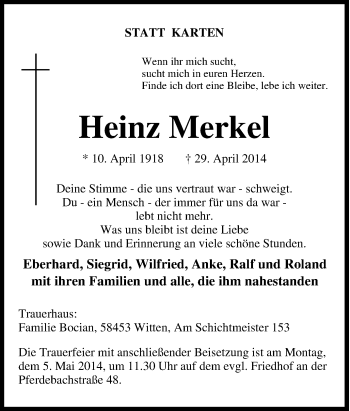 Traueranzeige von Heinz Merkel von Tageszeitung