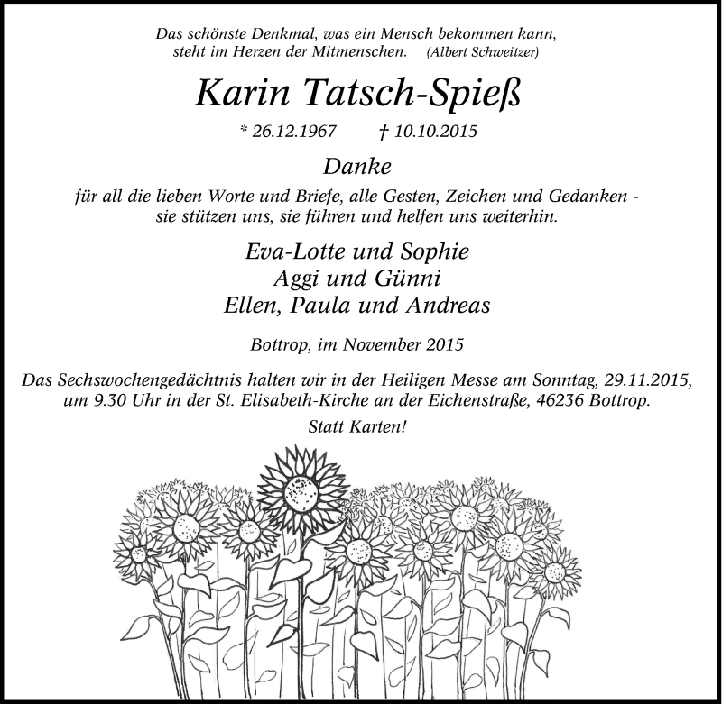 Traueranzeige für Karin Tatsch-Spieß vom 25.11.2015 aus Tageszeitung