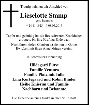 Traueranzeige von Lieselotte Stamp von Tageszeitung