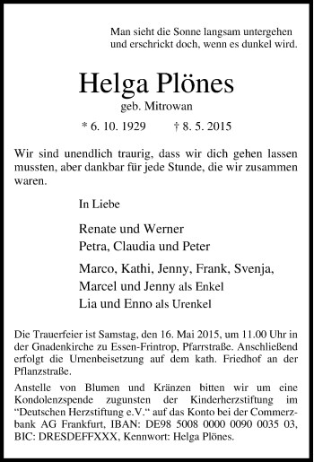 Traueranzeige von Helga Plönes von Tageszeitung