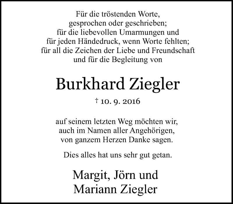  Traueranzeige für Burkhard Ziegler vom 08.10.2016 aus Tageszeitung