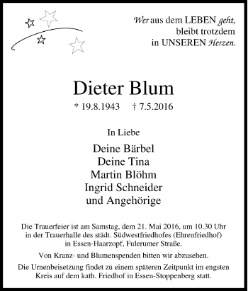 Traueranzeige von Dieter Blum von Tageszeitung