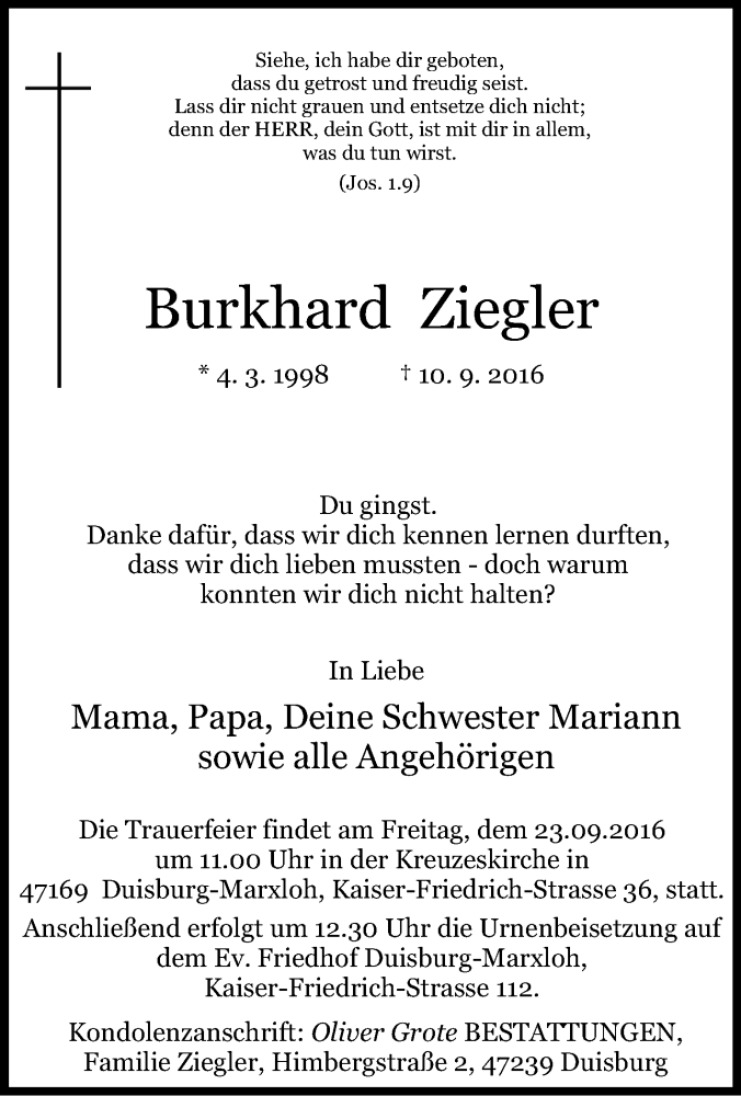  Traueranzeige für Burkhard Ziegler vom 17.09.2016 aus Tageszeitung